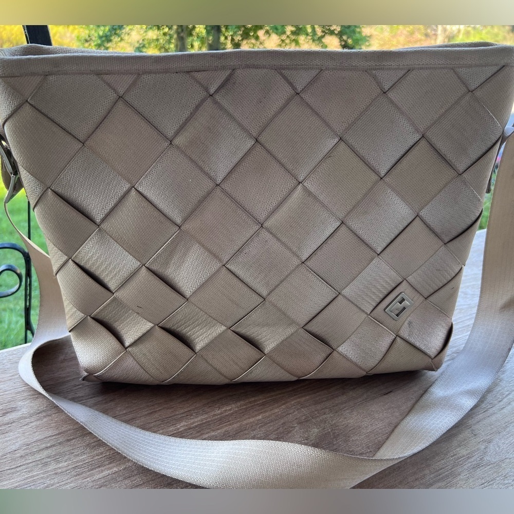Maggie Bags Recycled Seatbelt Shoulder Bag Tan Large Crossbody Purse 15x11